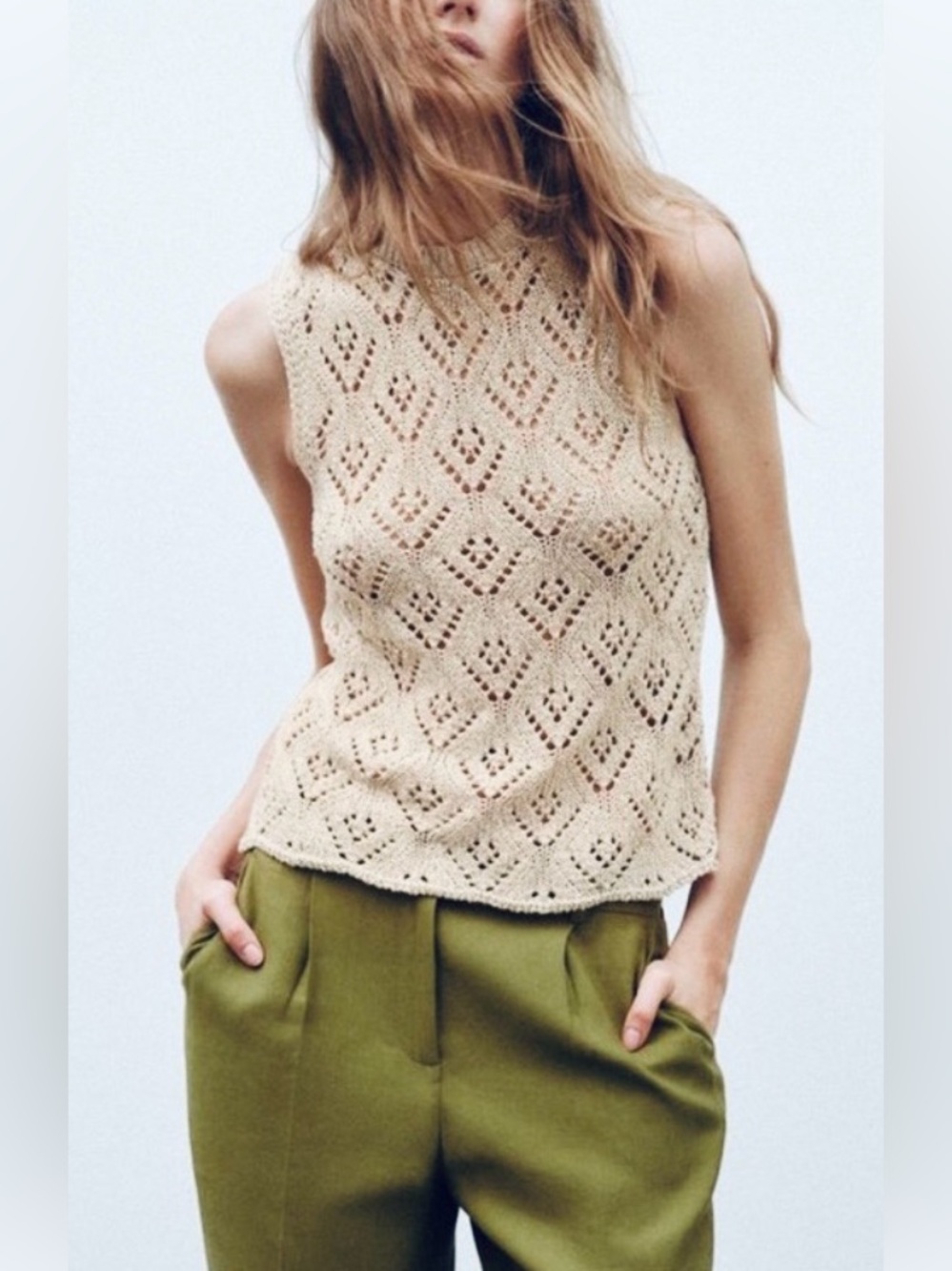 Zara Gold Metallic Crochet Knit Sleeveless Sweater Top Medium Boho Party Travel